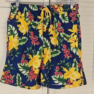 Lands End Mens Navy Hawaiian‎ Floral Swim Shorts Trunks Medium 32-34